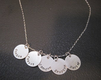 Sterling silver personalized stamped necklace, children's names, dates, family, kids, round disks, custom engraved jewelry, push gift