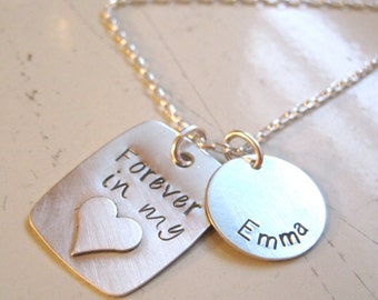 Forever in my heart sterling silver stamped necklace with heart, remembrance jewelry, loss necklace,loved one necklace, name personaized
