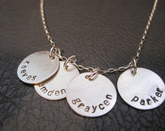 Mommy necklace, family jewelry, custom necklace, sterling silver stamped necklace, children's names, dates, family,kids, round disks