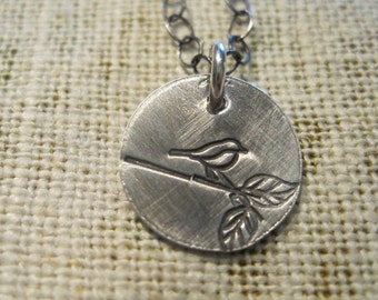 bird on a twig sterling silver disk necklace, hand stamped, personalized, custom jewelry, nature necklace