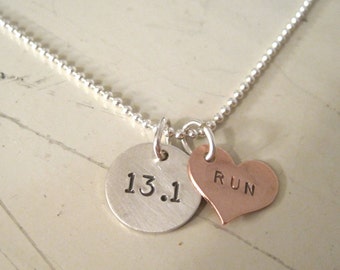 marathon, half marathon, running race sterling silver and copper stamped necklace
