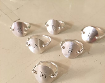 Bridesmaids gifts, Sterling Silver stamped, jewelry, personalized, initial rings, wedding party, engraved rings