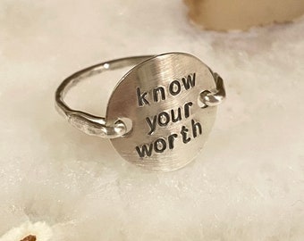 Know your worth ring, Sterling silver, gold filled, Initial, stamped jewelry, engraved ring, personalized ring, name ring, wire wrapped ring