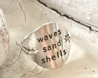 Waves, Sand, Shells ring, Beach jewelry, Sterling silver Ring, stamped jewelry, engraved ring, personalized, name ring, wire wrapped ring