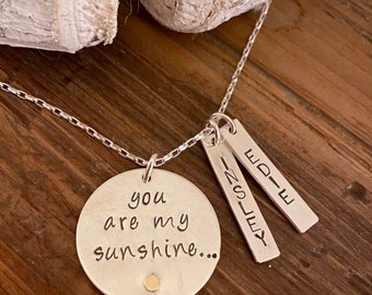 You are my Sunshine, Mommy necklace, Personalized family necklace, engraved jewelry, Custom necklace, children's names, name necklace