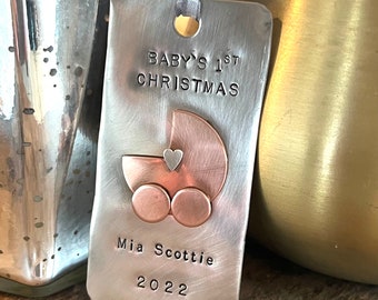 Baby's first Christmas ornament, 1st Christmas, personalized stamped ornament, baby shower gift, family ornament, custom ornament