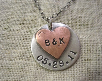 Stamped jewlery, couples initials necklace, anniversary necklace, copper and sterling silver necklace, engraved jewelry, mixed metal,