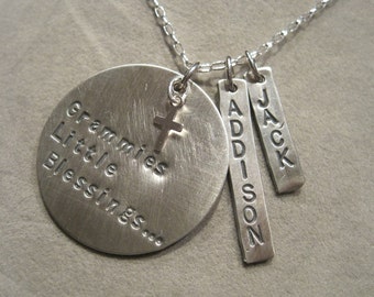 Grammies Blessings, personalized necklace, sterling silver ,hand stamped necklace with grandchildren's names