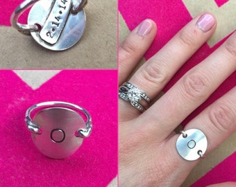 Choose Round ring with date on the back, Sterling silver Initial Ring stamped monogram jewelry, engraved ring, personalized ring, name,