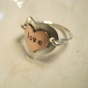 ring Couple boyfriend sterling silver copper mixed metal Personalized Monogram initial stamped Engraved heart  Charm Ring Jewelry
