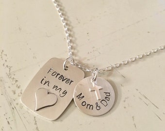 Mom and Dad,Forever in my heart sterling silver stamped necklace with heart, remembrance jewelry, loss necklace,loved one, personaized