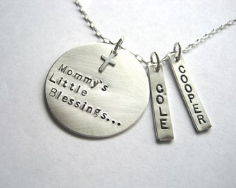 Mommy's little Blessings x 2 sterling silver hand stamped necklace