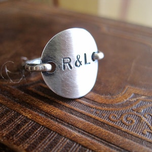Ring, sterling silver, Personalized, Custom, Letter Monogram, Initial, stamped, Engraved Round Circle Disk Charm Ring Jewelry