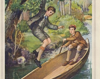 Boys messing about in a canoe on a river in the woods, 1920s antique print from Boys Own Annual, chromolithograph print for boy bedroom