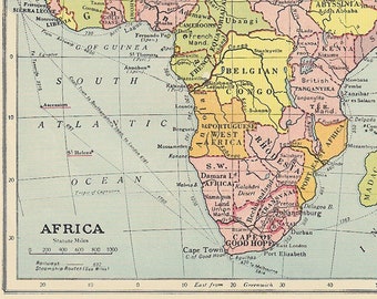 Antique map of Africa circa 1910, African map pastel colours colors, travel decor, history of Africa