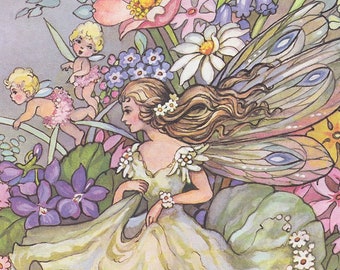 Fairy Princess in wedding dress with fairies, rabbit and flowers, 1970s vintage Peg Maltby childrens illustration
