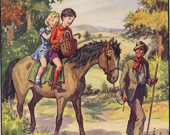 Boy and Girl riding a horse in the woods, 1940s vintage print from Childrens Annual, country holiday illustration ready to frame for bedroom