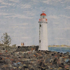 Painting of Lighthouse at Griffith Island Port Fairy, coastal landscape, nautical style for beach house