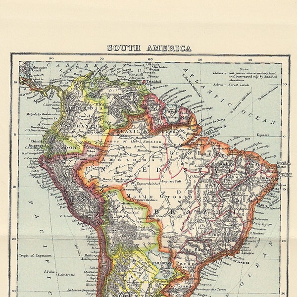 1850s antique map of South America, 170 year old map with united states of Brazil, Argentine Republic, historical geographical map