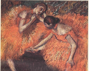 Artist sketch of ballet dancers in orange tutus, 1966 vintage print of reproduction of pastel drawing by Degas