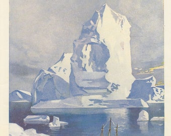 vintage print of a Polar landscape with Iceberg, glaciers and ship , 1940s plate now and ice