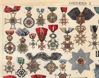 1920s Chart of Orders 1, antique chromolithograph print of Medals decorations and ribbons and honours printed with gold and sliver ink