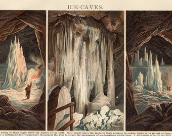 1920s Chromolithograph print of Ice caves under the surface of the Earth, geological formations stalagmite stalagtite, 100 year old print