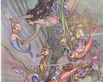 Underwater Fairy scene with mermaid, water nymph and seahorse, 1970s vintage Peg Maltby childrens illustration