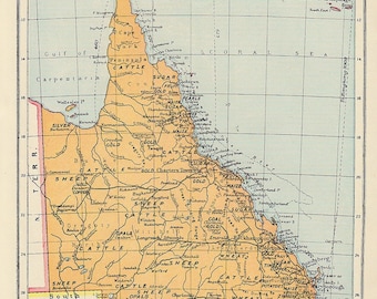 1940s Map of Queensland in blue and orange, vintage atlas map of QLD, geography travel decor for gallery wall in hosted home