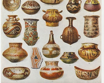 historical South American painted ceramics, decorative bowls and pots, indigenous art vintage print