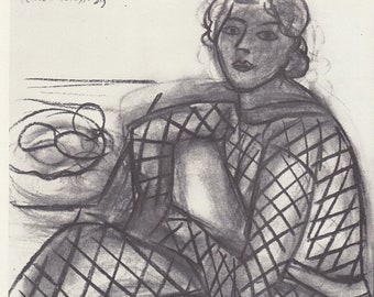 Charcoal sketch of a seated woman by Matisse, 1970s vintage reproduction of French artwork, BW monochrome portrait for gallery wall