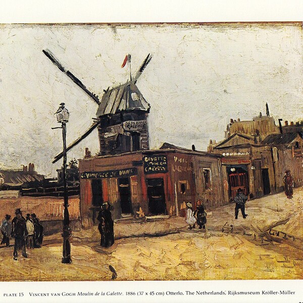 Paris streetscape painting of a Windmill in Montmartre in warm tones of tobacco and brown, 1960s vintage print of Impressionist oil painting