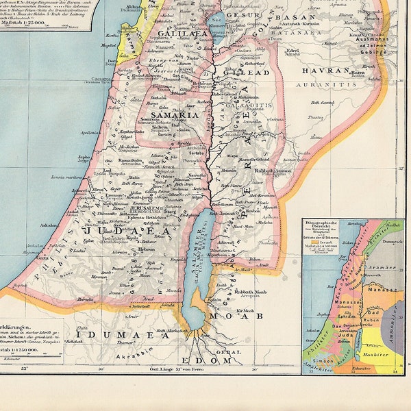 historical map of Palestine with Jerusalem insert, antique German language map from 1904 atlas, historical map of middle east