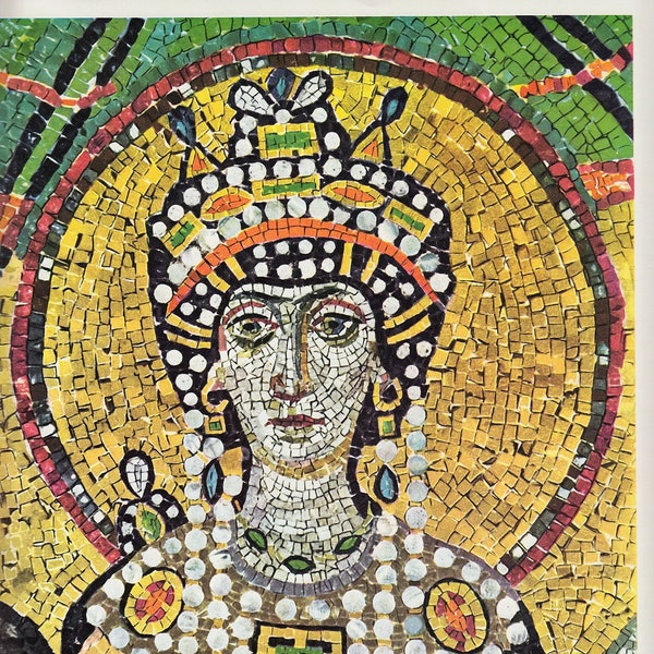 Byzantine mosaic portrait of Empress Theodora, archeology archelogical art, 1960s vintage print