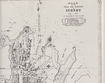 Antique plan of Sydney and suburbs from 1822, Large BW historical sketch of Sydney printed in 1977,  history of Australia settlement