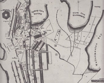 Antique plan of Sydney town from 1807 drawn by assistant surveyor Meehan, Large BW historical sketch of Sydney printed in 1977