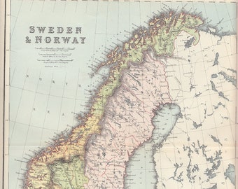 1880 Sweden and Norway antique map, chromolithograph atlas map, antique map for gallery wall in airbnb, world travel decor