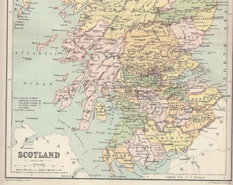 1880 antique map of Scotland, chromolithograph atlas map, antique Scottish map for gallery wall in airbnb, world travel decor