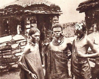 Kenya Kenyan men in traditional dress with decorative jewellery, 1930s vintage BW photo, African culture, historical photograph