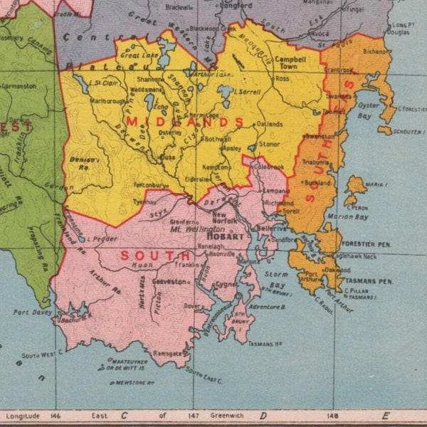 large vintage Tasmania map, colourful 1940s map of Tasmania with King Island & Flinders Island from school atlas, hosted home style