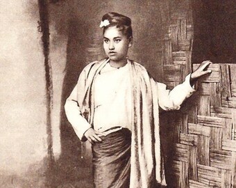 Burmese girl in traditional dress, 1930ss vintage BW photo portrait of woman, Indigenous culture and history of Asia