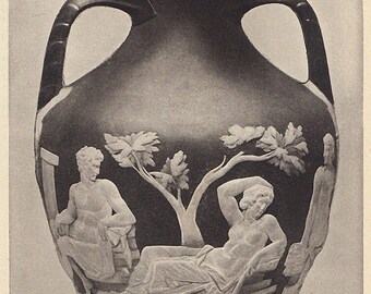 The Portland Vase, ancient Roman cameo glass design, 1930s BW vintage print, photo of historical cultural artefact, decorative arts