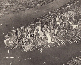 Aerial view of Manhattan Island, 1930s BW photograph of NY New York building and sky scrapers, vintage black and white photo travel decor