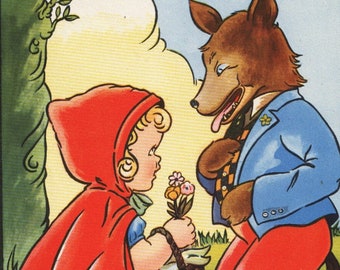 Little Red Riding Hood print, 1940s vintage print for girl nursery or girl bedroom