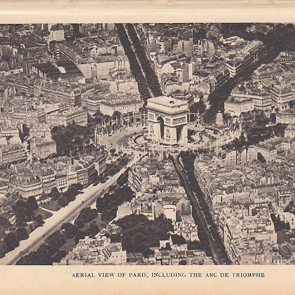 Aerial view of Paris, 1930s BW photograph of Paris Arc de Triomphe, vintage black and white photo travel decor