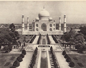 The Taj Mahal at Agra India, 1930s BW vintage photo of historical building, Indian architecture history culture, travel decor gallery wall