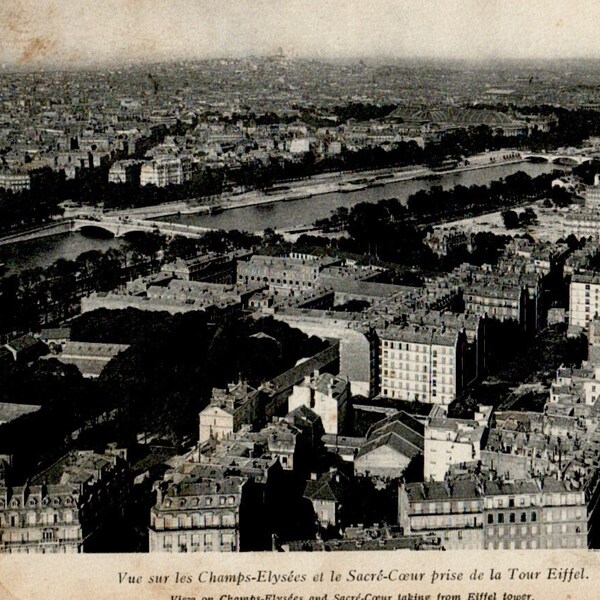 Champs Elysees and Sacre Coeur from Eiffel Tower, PARIS BW aerial photograph circa 1890s, antique photogravure of Paris - 130 years old