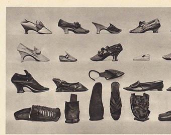 History of shoe design, 1930s BW photograph of historical shoes of various countries and dates, fashion accessories history