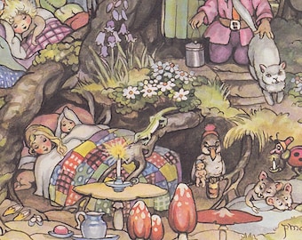 Fairies and woodland creatures tucked up in bed asleep, 1970s vintage peg maltby childrens illustration