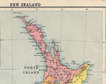 antique map of New Zealand, 1922 NZ map from antique atlas with North and South Island